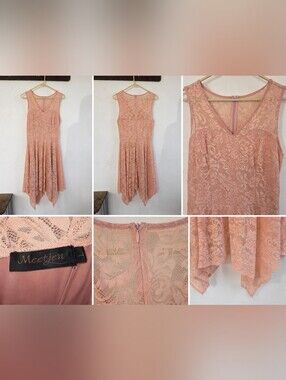 Meetjen Lace Dress Size L Dusty Rose Pink Sleeveless Handkerchief Hem
